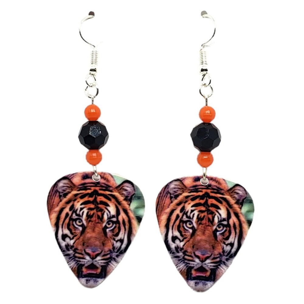 Bengal Tiger Big Cat Guitar Pick Beaded Earrings - Handmade in USA